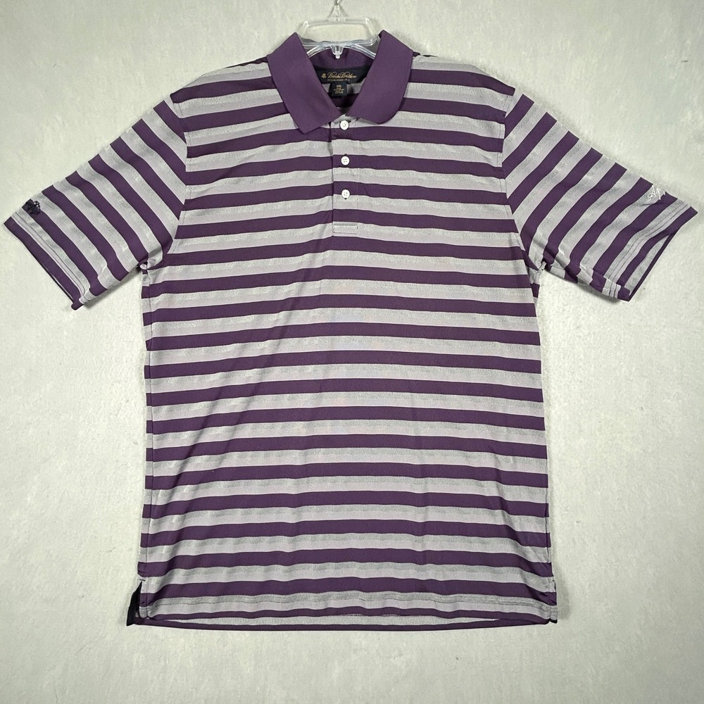 Brooks Brothers Polo Shirt Mens XXL Purple Gray Striped Performance Short Sleeve